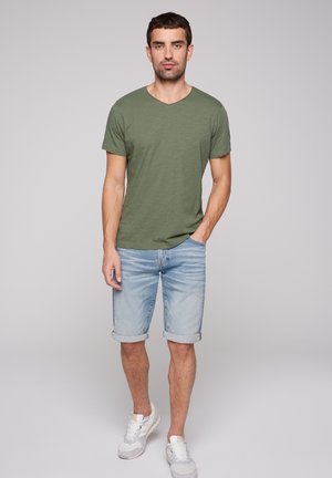 V-NECK MIT USED-KANTE - T-Shirt basic - green olive