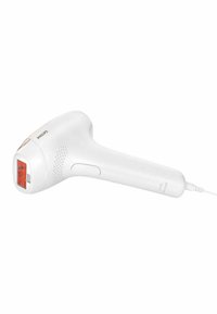 Dispositif d'épilation Philips avec un corps en plastique blanc, une poignée ergonomique, une zone d'émission de lumière rouge et un bouton précis pour son fonctionnement.