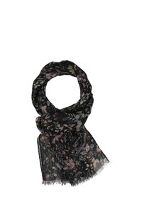 Zwarte bloemen sjaal van een lichtgewicht, doorzichtig fabric. Kenmerkt zich door kleurrijke bloemenpatronen en franjes aan de randen voor extra detail.