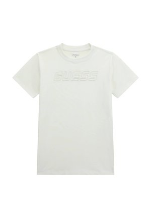 T-shirt en coton blanc avec des manches courtes et un col ras du cou. Le mot "GUESS" est en relief sur la poitrine dans une teinte légèrement plus foncée.