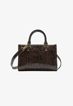 Rjava torbica s kačjim vzorcem, strukturirane oblike, z dvema zgornjima ročajema in snemljivim ramenskim trakom. Vsebuje zlato obrobljene dodatke.