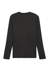 Zwart shirt met lange mouwen van zachte stof, voorzien van een ronde halslijn en een eenvoudig, onversierd ontwerp aan de achterkant.