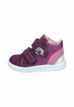 Purple toddler shoe with double velcro straps, white sole, pink and beige heel accents, and rainbow embroidery on the strap.