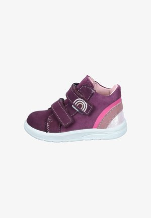 Purple toddler shoe with double velcro straps, white sole, pink and beige heel accents, and rainbow embroidery on the strap.