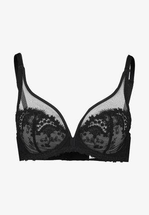 Soutien-gorge noir en tulle transparent avec de la dentelle florale brodée sur les bonnets. Dispose de bretelles réglables et d'une bande sous la poitrine lisse. Forme balconnet contournée.