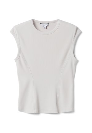 Top blanco sin mangas de punto acanalado con escote redondo y sutiles detalles de costuras curvas en la parte delantera.