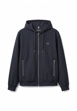 Giacca blu navy con cappuccio e zip, coulisse, due tasche frontali con zip, polsini ed orlo elasticizzati e piccolo logo quadrato sul petto.