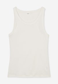Débardeur blanc sans manches avec col rond et design simple, présenté à plat sur fond blanc.