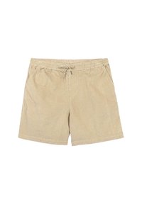 Shorts en coton beige avec une taille élastique, détail de cordon de serrage et poches latérales. Texture douce avec un motif subtil à l'ourlet.