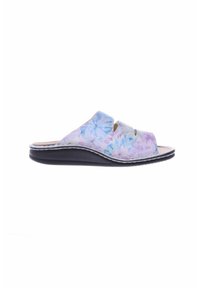 Multicolored slide sandal featuring a tie-dye pattern with shades of blue and lavender, dual cutouts, and a black rubber sole.