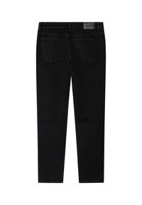 Pantalones de denim negro con diseño ajustado, cinco bolsillos y textura suave. Incluyen una etiqueta de cuero en la cintura sin marcas visibles.