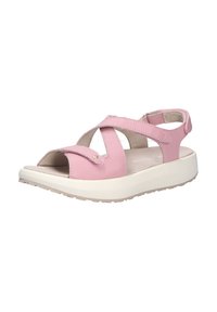 Sandalia de cuero rosa con tiras cruzadas, diseño de punta descubierta y correa ajustable en el tobillo. Presenta una suela blanca acolchada y un acabado texturizado.