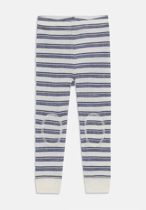 Striped leggings in white and navy, with a ribbed waistband and knee patches. Soft fabric and fitted design, featuring a snug ankle hem.