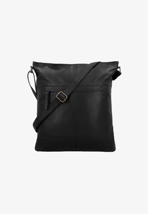 Melnas ādas plecu soma ar plakanu dizainu, regulējamu siksniņu, priekšējo kabatu un minimālistiskām šuvju detaļām. Gluda tekstūra.