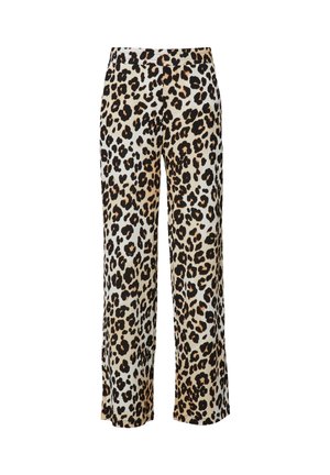 Pantaloni a gamba larga con stampa leopardata, vita media e vestibilità comoda in tonalità beige, nero e marrone.