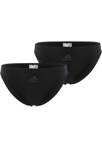 Černé bikinové nohavičky z bavlny s elastickým pasem. Na přední straně je vytištěno logo Adidas. Měkká textura a hladký povrch. Balení po dvou kusech.