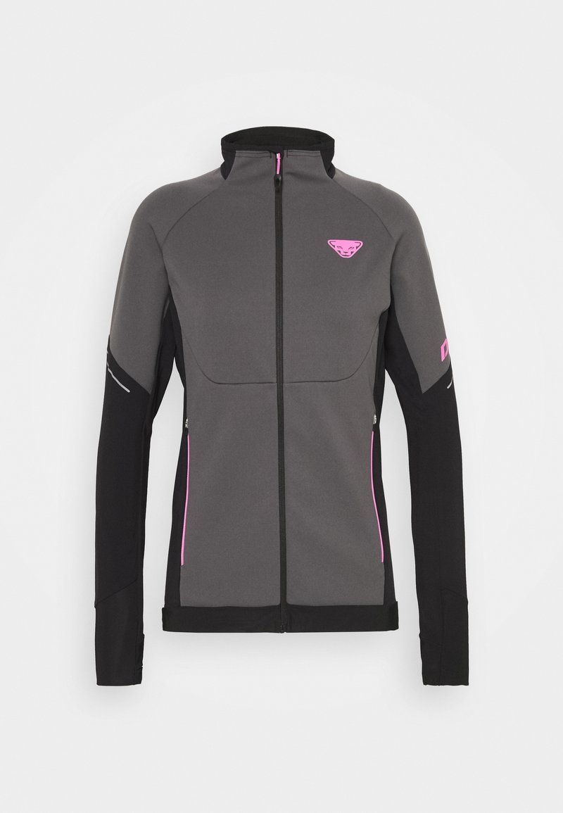 Veste de sport grise avec des manches noires et des accents roses. Elle présente un col montant, une fermeture éclair complète et des poches latérales zippées. Texture lisse.