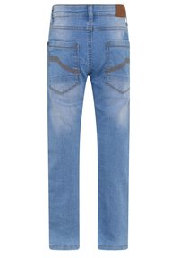 Lyseblå denimjeans med en glatt tekstur, som har to baklommer og kontrastfargede sømmer. Slim, rett benklipp.