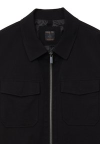 Veste noire avec col, fermeture éclair centrale en argent, et deux poches avant à rabat, taille grande, conçue en Italie.