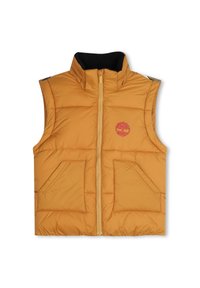 Gilet imbottito in giallo senape con colletto alto, zip completa, due tasche anteriori e un piccolo logo sul petto.