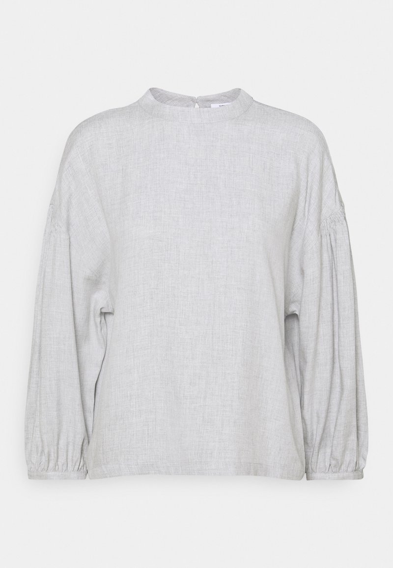 Helle graue Bluse mit langen Ärmeln aus strukturiertem Stoff. Mit hochgeschlossenem Kragen, dezent gerafften Schultern und elastischen Manschetten.