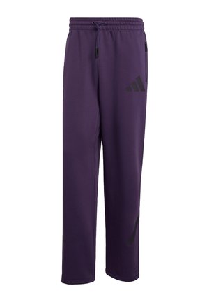 Purple sweatpants with elastic waistband and drawstring. Features black logo accents on the front. Made from soft, breathable material.