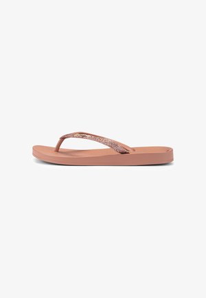 Single rose gold flip-flop sandal with glittery straps and a flat sole, shown from the side on a white background.