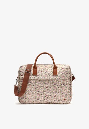 Sac rectangulaire à motif floral avec poignées en cuir marron et bandoulière ajustable, doté d'une poche zippée à l'avant et d'une fermeture éclair argentée.