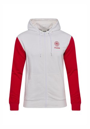 Weißer Kapuzenpullover mit Reißverschluss, roten Ärmeln, Fronttaschen, Kordelzugkapuze und roten DBU- und hummel-Logos auf der Brust.