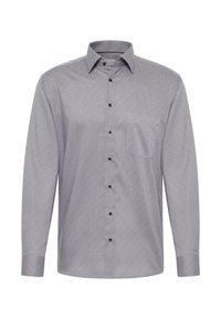 Camicia a maniche lunghe con bottoni, in un motivo geometrico, caratterizzata da una combinazione di blu scuro e bianco, con colletto a punta e bottoni neri.