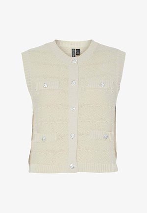 Gilet lavorato a maglia beige con scollo rotondo, maniche corte, cinque bottoni decorativi in cristallo e due tasche frontali. Design in tessuto testurizzato.