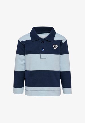 Granatowo-niebieska koszulka polo z długim rękawem i kołnierzykiem, wyposażona w listwę z trzema guzikami oraz małe logo na piersi.