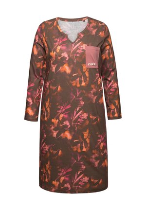 Langarmkleid aus braunem Stoff mit einem lebhaften Blumendruck in Orange und Pink. Verfügt über einen V-Ausschnitt und eine Brusttasche mit einem Logo.