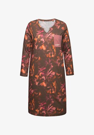 Langarmkleid aus braunem Stoff mit einem lebhaften Blumendruck in Orange und Pink. Verfügt über einen V-Ausschnitt und eine Brusttasche mit einem Logo.