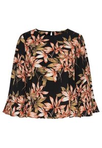 Blusa floreale con sfondo nero, caratterizzata da fiori arancioni e crema, maniche lunghe, scollatura rotonda e orlo svasato.