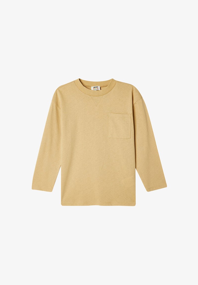 Langærmet, beige bomulds t-shirt med rund halsudskæring og en lomme på venstre bryst. Har en afslappet pasform og en subtil tekstur.