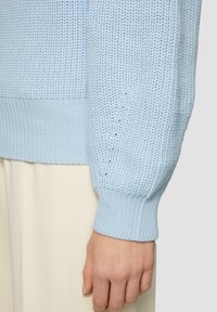 Hellblauer, gestrickter Pullover aus strukturiertem Stoff, mit gerippten Bündchen und lockerer Passform. Der Ärmel zeigt ein dezentes Muster und eine sanfte Textur.