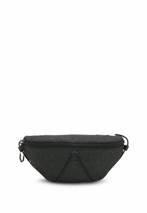 Schwarze Stoff-Gürteltasche mit Reißverschluss und verstellbarem Riemen, schlichtes Design mit elastischem Kordeldetail vorne.