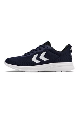 Chaussure de sport bleu foncé avec logo double chevron blanc, col rembourré noir et semelle blanche amortie, vue de profil latéral.