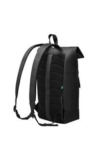 Black backpack with padded fabric sections, sleek matte finish, adjustable straps, and a roll-top closure. Features side zip pockets.