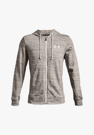 Sudadera con cremallera gris de acabado texturizado, capucha con cordones y logo blanco en el pecho. Presenta mangas largas y bolsillos frontales.