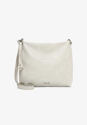 Šviesiai pilka odinė per petį segama rankinė su lygiu paviršiumi, puošta mazguotu dirželio elementu ir apatinėje dalyje esančiu sidabriniu prekės ženklo logotipu.