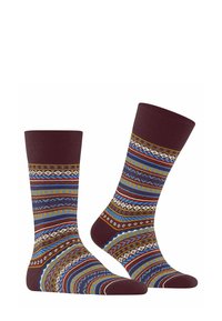 Calze bordeaux con motivi geometrici in blu, giallo e bianco. Cuffia rigata, lunghezza a metà polpaccio e texture liscia.