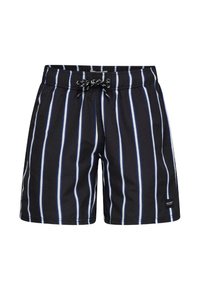 Pantaloni scurți de baie negri cu dungi verticale albe și albastre, talie elastică, șnur și un mic patch cu logo pe piciorul stâng.