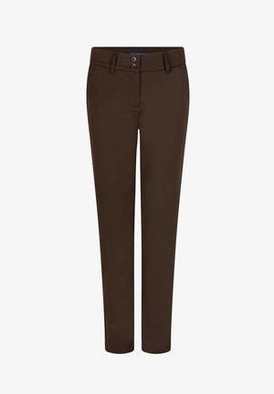 Brune bukser lavet af et glat stof, med to frontknapper, tætsiddende design, lige ben og standard bælteløkker.