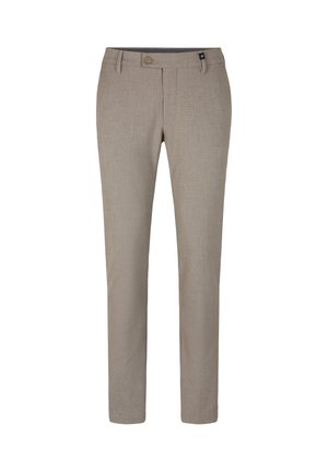 Beige Slim-Fit-Hosen aus strukturiertem Stoff, mit einem vorderen Knopfverschluss, Gürtelschlaufen und einem dezenten Karomuster.