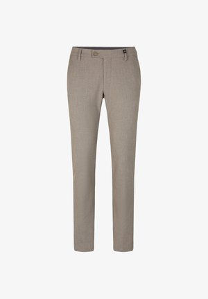 Beige slim-fit trousers made from textured fabric, featuring a front button closure, belt loops, and a subtle checkered pattern.