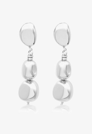 Boucles d'oreilles pendantes en argent avec trois segments ronds irréguliers et poli, reliés verticalement.