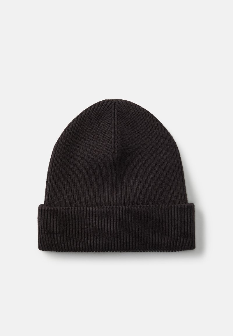 Black knit beanie hat with a folded cuff, featuring ribbed texture and a rounded top. Material appears soft and elastic.