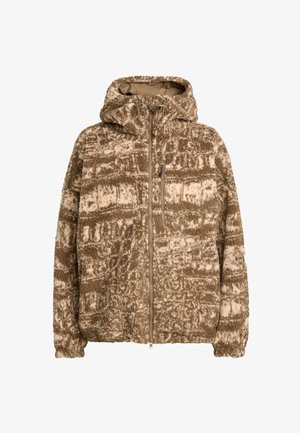 Fleece-foringet hættejakke i beige og brun med et struktureret mønster, frontlynlås og lommer, elastiske manchetter og et løst fit design.